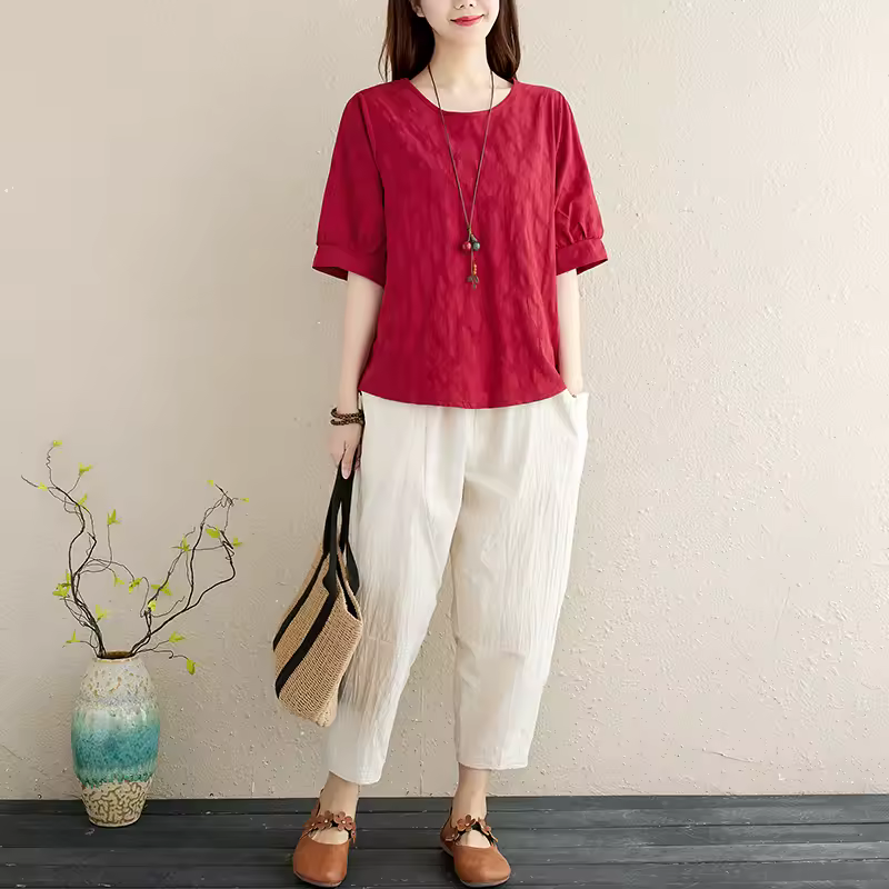 2Pcs Solid Short Sleeve Blouse Pants Office Lady Cotton Linen Set Casual Loose Tops And Trousers Sets