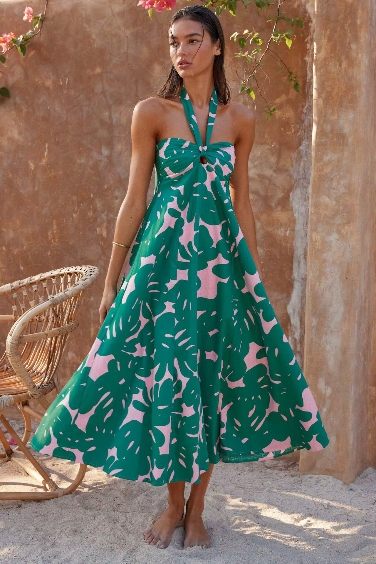 Bohemian Hanging Neck Printed Flower Beach Style Long Maxi Dress
