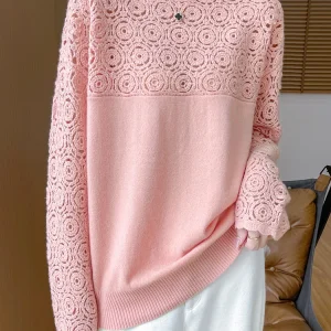 Cashmere O-Neck Pullover Long Sleeve Knitted Top Hollowed Out Jacquard Outerwear Sweater