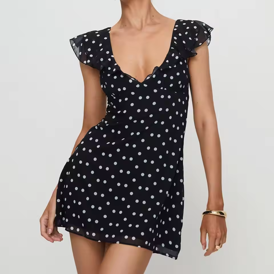 Casual Dot Print Ruffle V Neck Flying Sleeve Layered Tie-up Belted A-line Party Short Mini Dress