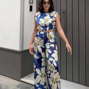 Casual Floral O-Neck Sleeveless Hollow Out Decorate Zipper Wide Leg Jumpsuit
