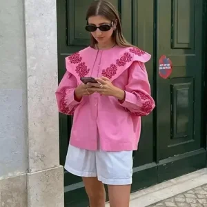 Casual Long Lantern Sleeve Single Breasted Ruffled Collar Shirt
