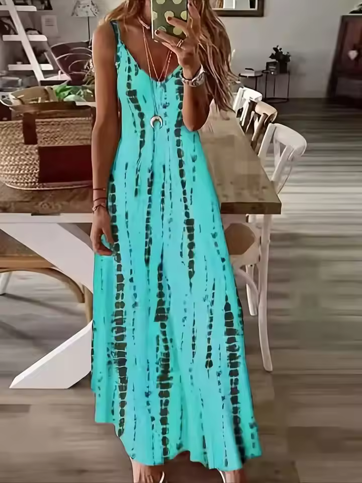 Casual Loose V-neck Tie Dye Printed Spaghetti Beach Vacation Long Dress