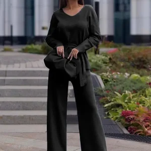 Casual Sash Solid Color V-neck Drawstring Pant Set