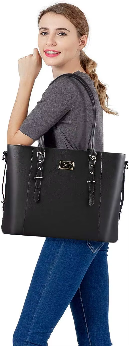 Casual Solid Zipper PU Leather Waterproof Laptop Tote Bag