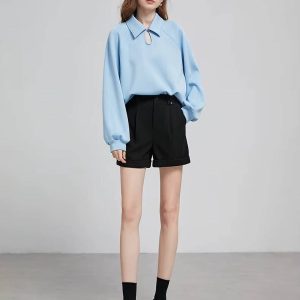 Casual Turn-down Collar Hollow Out Polo Collar Fit Pullover Loose Sweatshirt