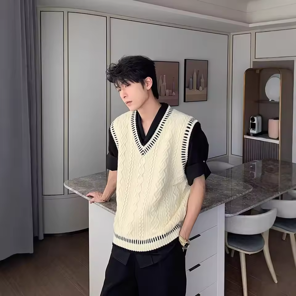 Casual V-neck Preppy Style Cable Knit Vest Loose-Fit Sweater