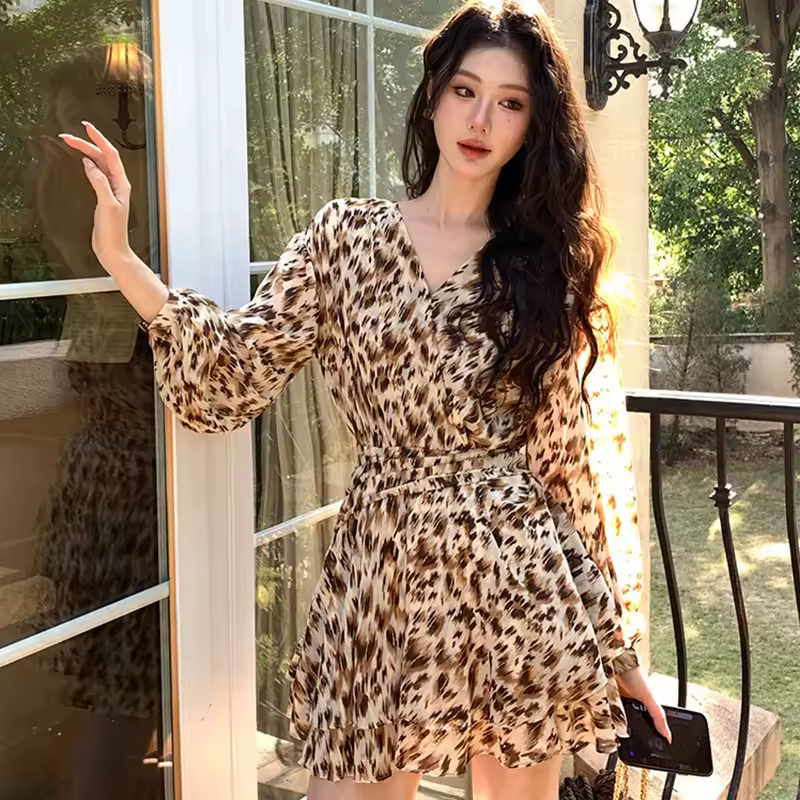 Casual Vintage Sweet Leopard Print Long Sleeve Ball Mini Dress