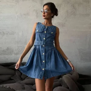 Chic Buttons Trendy Single Breasted O-Neck Sleeveless With Mini Dress