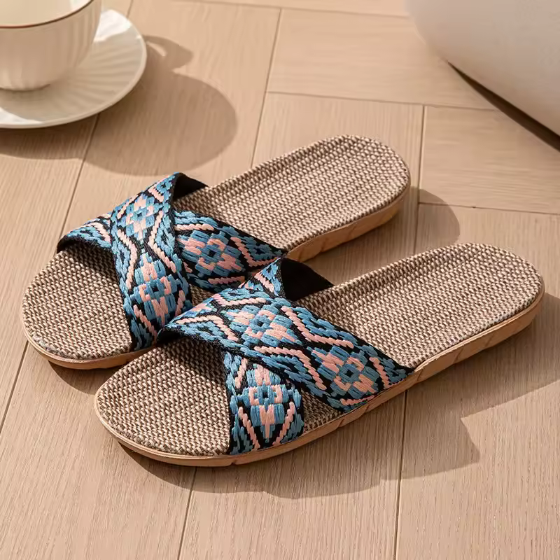 Classic Open-Toe Crossed Linen Couple Matching Floor Slippers