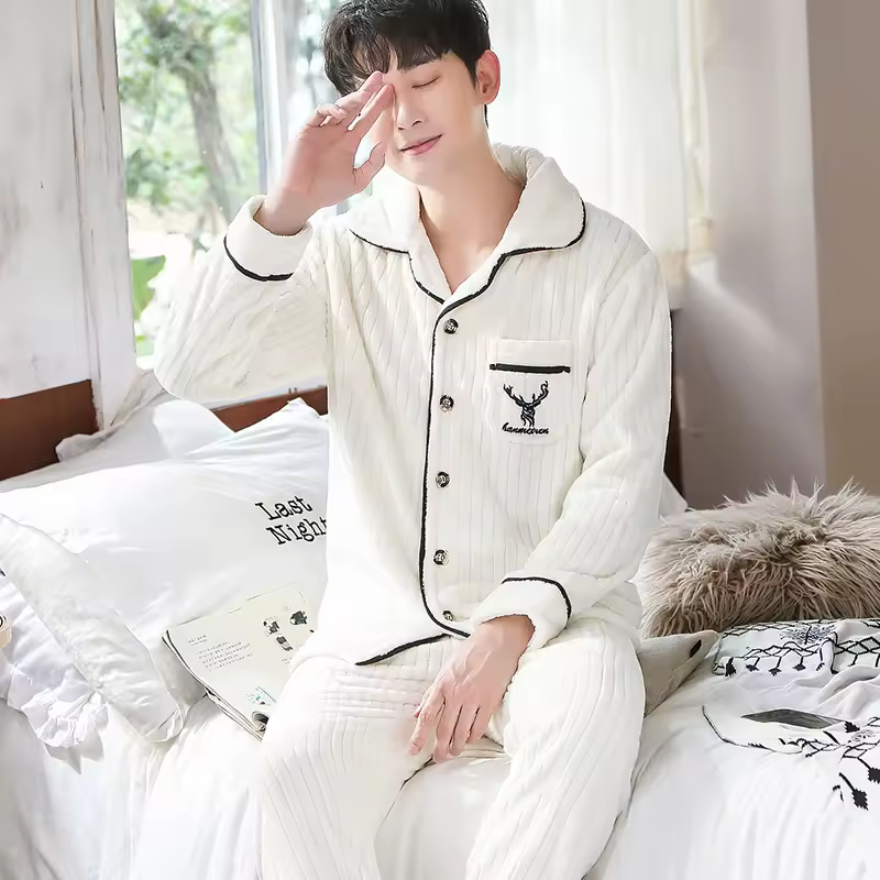 Comfortable Knit Stand Collar Zipper Thick Long Sleeve Coral Velvet Home Pajamas 2 Piece Suit