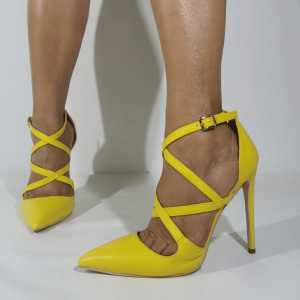 Cross-Tied Yellow Leather Shoes for Woman High Heels Pointed Toe Stiletto Women’s Pumps