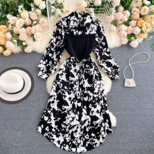 Design Turn-down Collar Long Sleeve Button Splice Dress