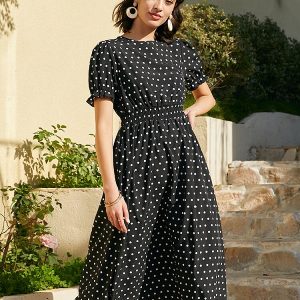 Dot Print Pocket Elastic Waist Retro Short Sleeve Dress
