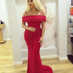 Elegant Mermaid Full Lace Pearls Off Shoulder Beads Evening Party Dress