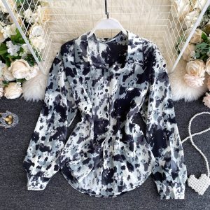 Elegant Office Tops Turn-Down Collar Street Wear Print Blouse