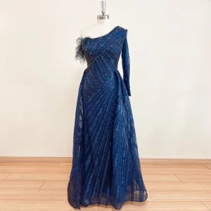 Elegant One Shoulder Mermaid Feather Lace Evening Party Dress