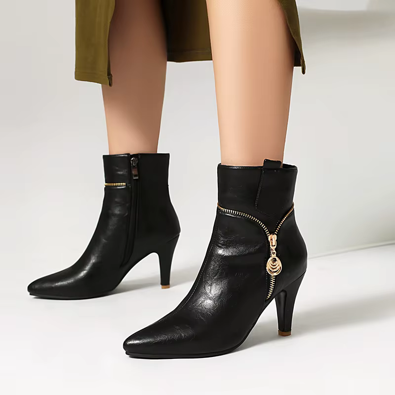 Elegant Zipper Metal Decoration Pointed Toe Thin Heel