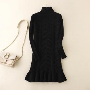High Neck Long Sleeves Loose Sweater Solid Dress