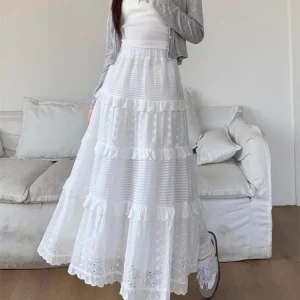 Hollow Long Cake Skirt  High Waist Lace Patchwork Ruffles A Line Sweet Ballet Midi Skirts