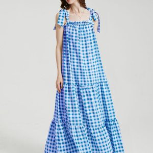 Knotted Sleeveless Ruffle Trim Big Swing Maxi Dress