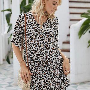 Leopard Print Half Sleeves V-neck Casual Dress