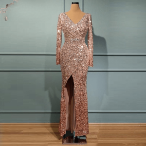 Luxury Dubai Mermaid Sequin Evening Night Dress for Women V Neck Long Sleeves Front Slit
