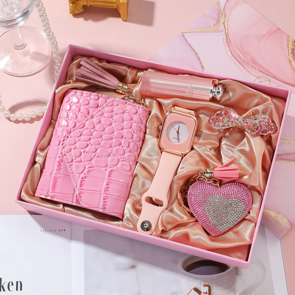 5Pcs/Set Luxury Watches Set with Box for Hairpin Keychain Wallet Wristwatch Set Gifts Box