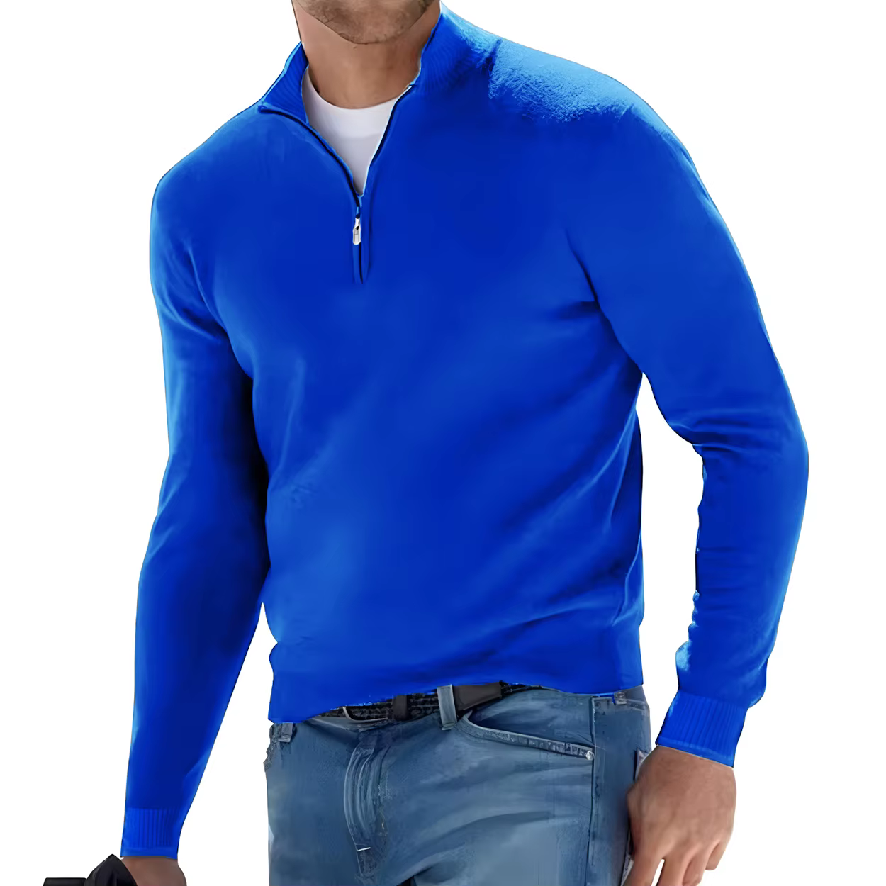 Men’s Long Sleeve Pullover Solid Color Half Zipper V-neck Knitted Sweater