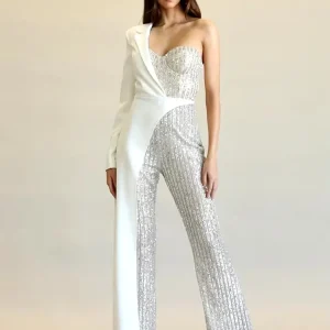 Patchwork Suit Collar Shiny Sequined Full Sleeve Strapless One-Shoulder Jumpsuit