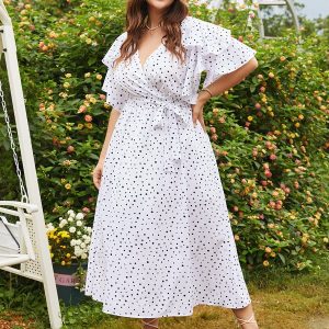 Plus Size Polka Dot Wrap Short Sleeve Maxi Dress