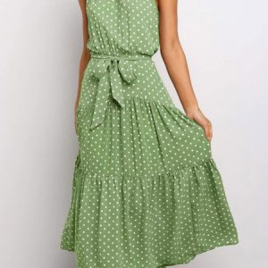 Polka Dot Sleeveless Sash Swing Maxi Dresses