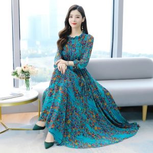 Print Chiffon Beach Long Sleeve Maxi Dress