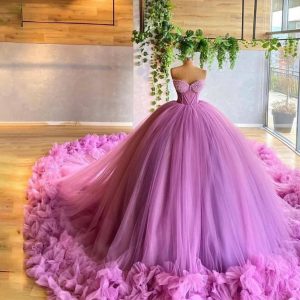 Puffy Flowers Strapless Wedding Gown Sweetheart Tulle Bridal Dress