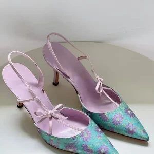 Retro Satin Embroidery  Pointed High Heels