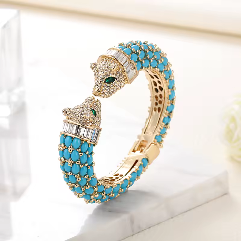 Rhinestones Resin Animal Gold Plated Tiger Bangles Cuff Bracelets