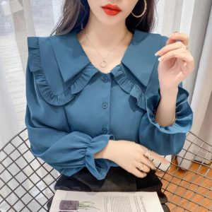Ruffle Button Up Long Sleeve Peter Pan Collar Shirt
