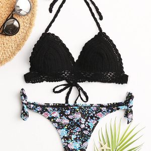 Sexy Bikini Triangle Halter Crochet Trim Backless Floral Print String Panty Swimwear