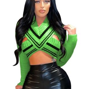 Sexy Knit T-Shirt V-Neck Hollow Long Sleeve Wild Tops