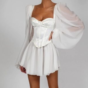 Sexy Square Collor Lantern Sleeve Party Club Mini Dress