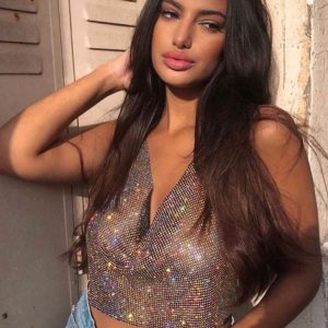 Sexy Stylish V-Neck Sequins Sleeveless Open Shoulder Sequined  Clubwear Top