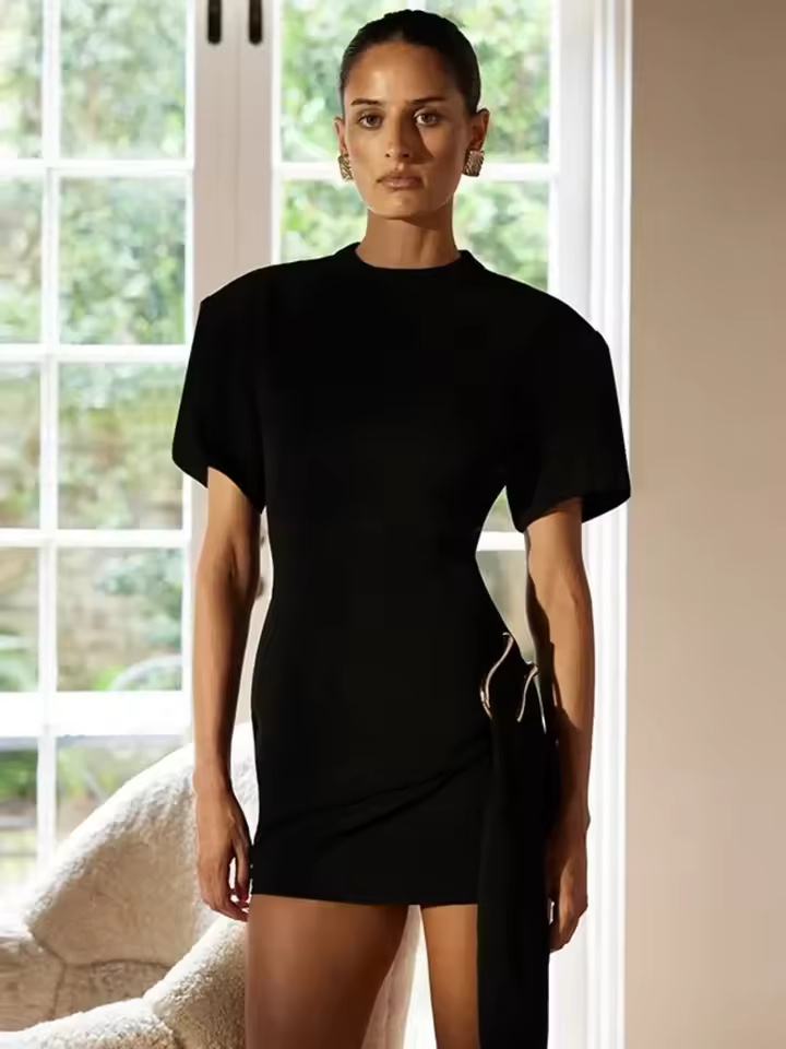 Short Sleeve Draped Metal Buckle O Neck High Waist Bodycon Club Dress