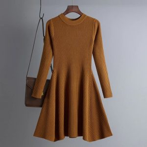 Solid Long Sleeves O Neck Casual Slim Dress