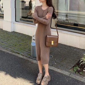 Solid O-Neck Bodycon Thick Sweater Dress