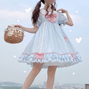 Sweet Lolita OP Stripes Bows Short Sleeves One Piece Dresses