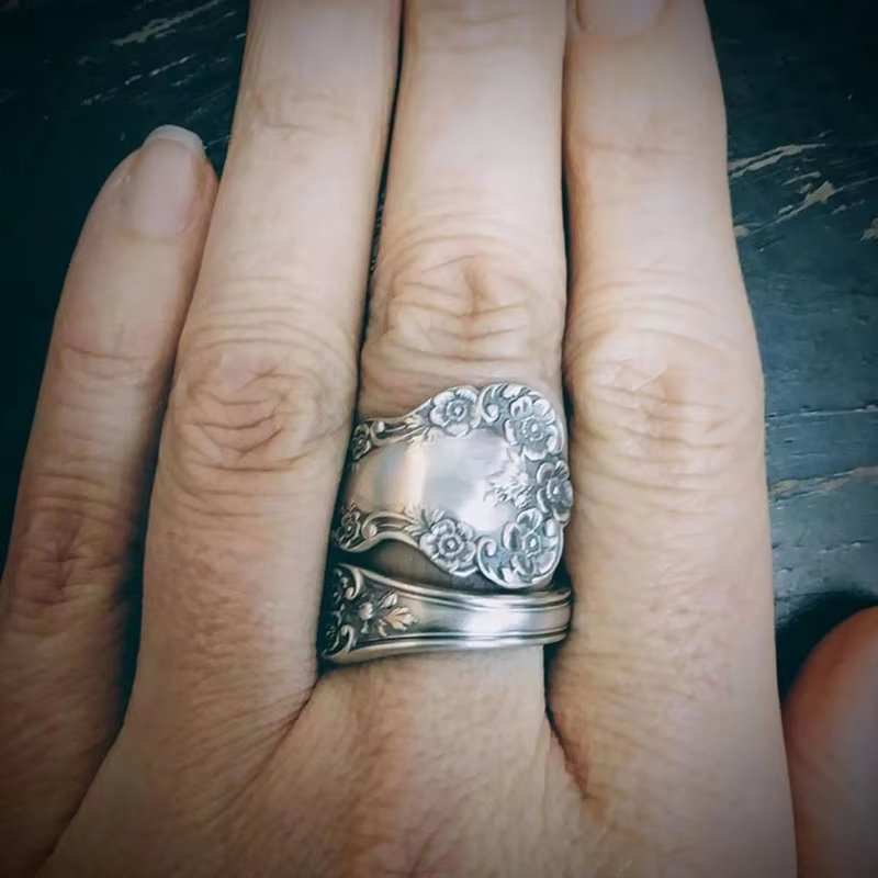 Vintage Handmade Engraved Rose Flower Spoon Anniversary Engagement Rings