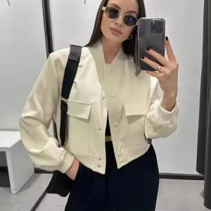 Vintage Pockets Long Sleeve Front Button Bomber Jacket Outerwear