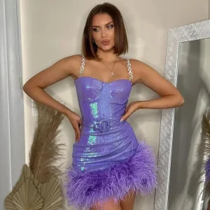 Women’s Sexy Sequin Verenger Mini Dress, Backless, Spaghetti Strap, Stitching Dresses