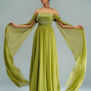 Elegant Off Shoulder A Line Extended Sleeves Panel Maxi Dress